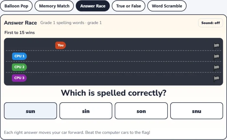 Spelling games for kids Answer Race with four spellings and the player car ahead