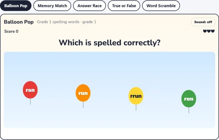 Grade 1 spelling game Balloon Pop with four spellings of one word