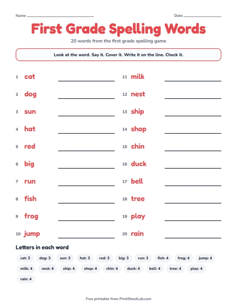 First grade spelling words game list printable with 20 words to look, say, cover, write and check