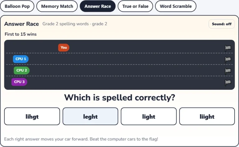 Spelling games for kids Answer Race with four spellings and the player car ahead