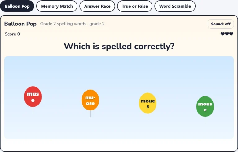 Grade 2 spelling game Balloon Pop with four spellings of one word