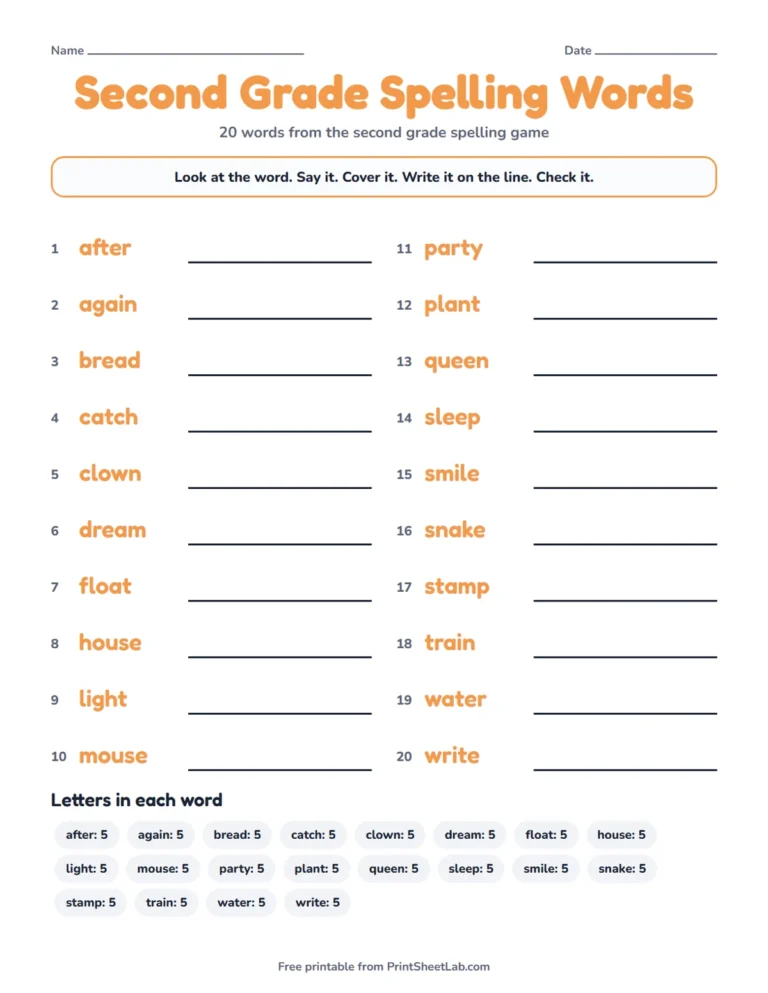 Second grade spelling words game list printable with 20 words to look, say, cover, write and check