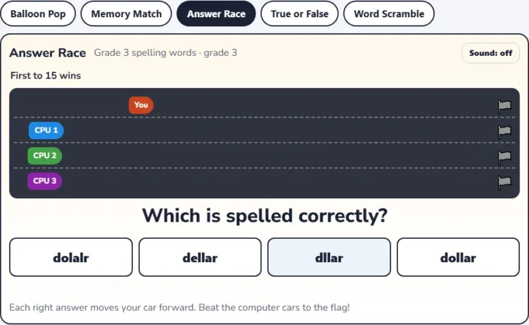 Spelling games for kids Answer Race with four spellings and the player car ahead