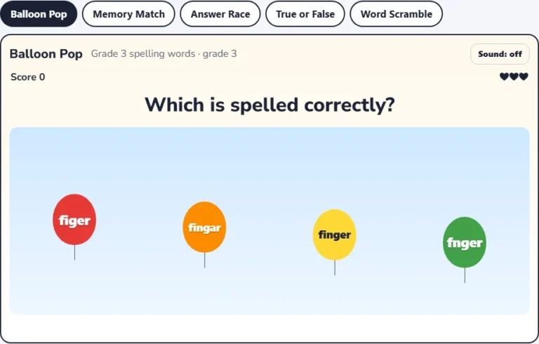 Grade 3 spelling game Balloon Pop with four spellings of one word