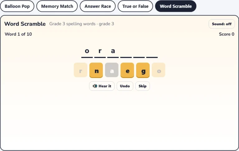 Third grade spelling words game Word Scramble with letter tiles half built into a word