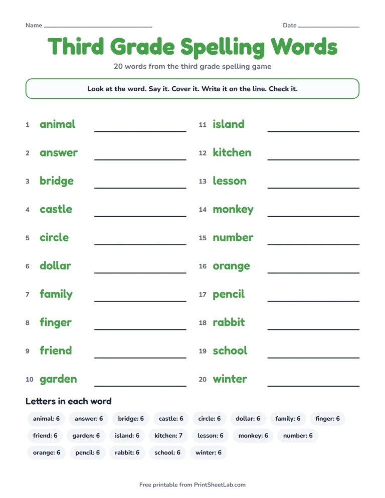 Third grade spelling words game list printable with 20 words to look, say, cover, write and check