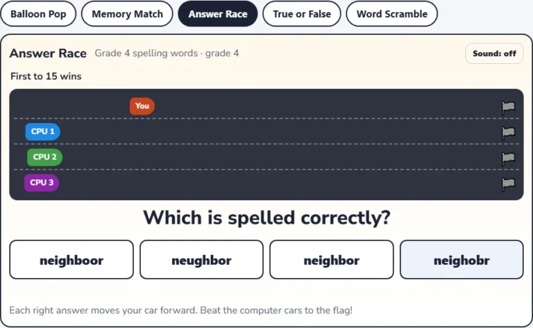 Spelling games for kids Answer Race with four spellings and the player car ahead