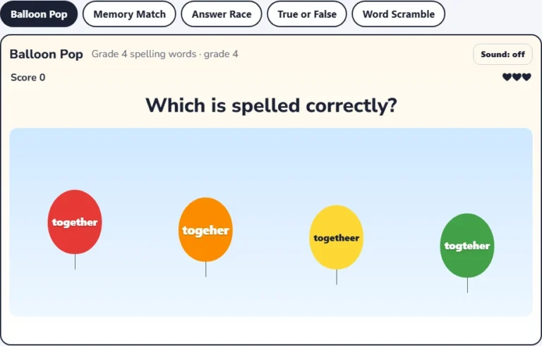 Grade 4 spelling game Balloon Pop with four spellings of one word