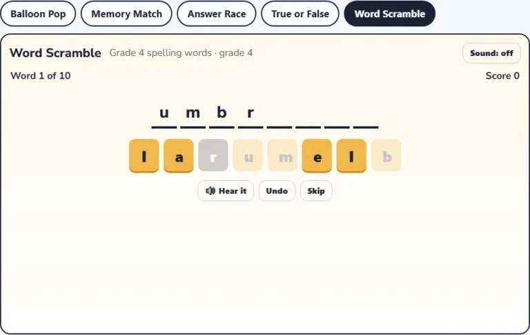 Fourth grade spelling words game Word Scramble with letter tiles half built into a word