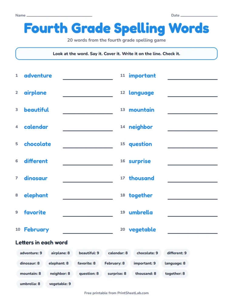Fourth grade spelling words game list printable with 20 words to look, say, cover, write and check