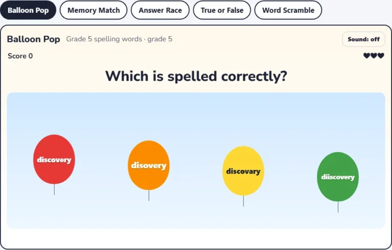 Grade 5 spelling game Balloon Pop with four spellings of one word