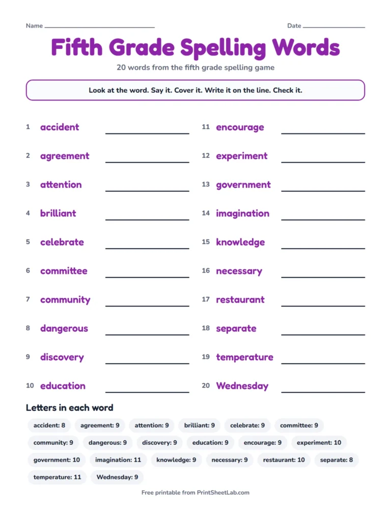 Fifth grade spelling words game list printable with 20 words to look, say, cover, write and check