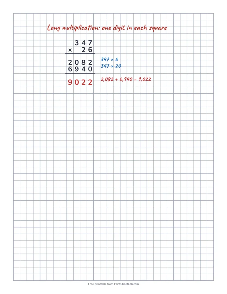 Quad ruled paper example showing long multiplication 347 times 26 with one digit in each square