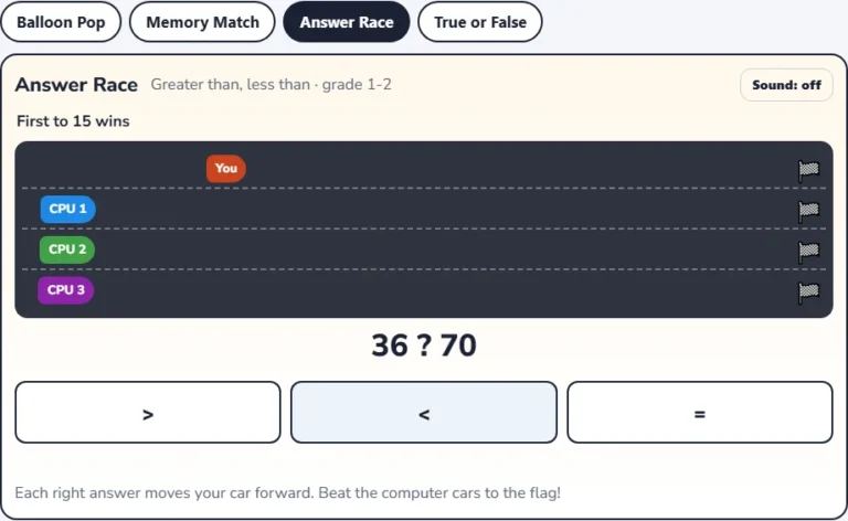 Greater than less than equal to game Answer Race with 36 ? 70
