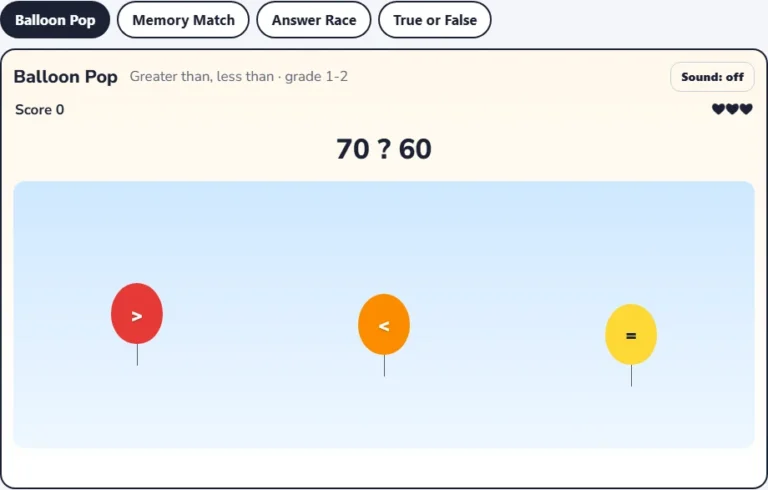 Comparing numbers game Balloon Pop with 70 ? 60 and three sign balloons