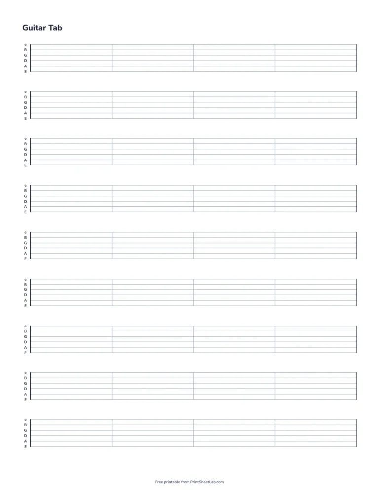 Guitar tab paper printable with 6-string staves, string names and four bars per line