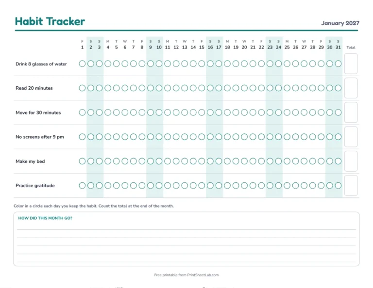 Habit tracker printable for January 2027 in teal