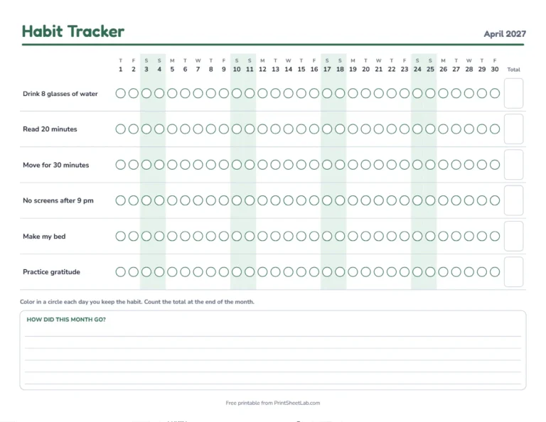 Habit tracker template for April 2027 in forest green