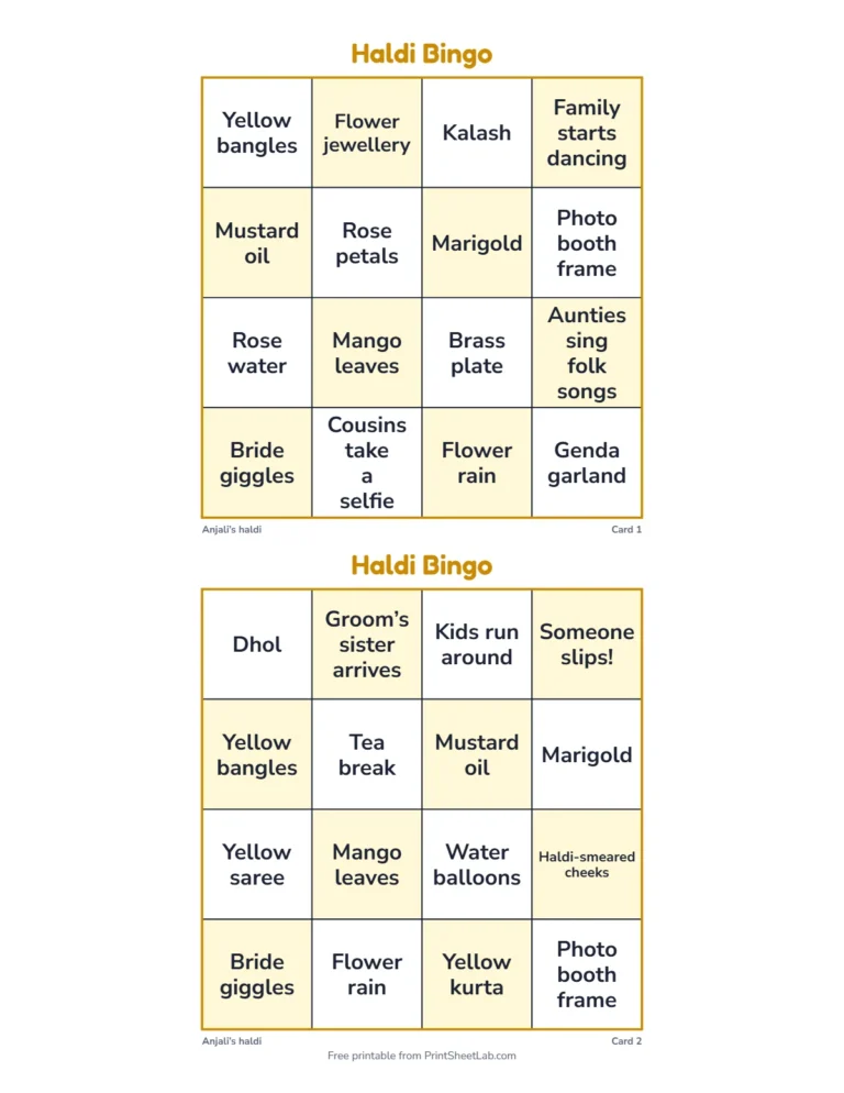 Haldi bingo cards in the quick 4 by 4 size for a small family haldi