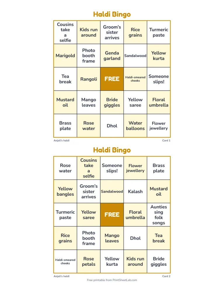 Haldi bingo: printable 5 by 5 cards with marigolds, turmeric paste and haldi moments