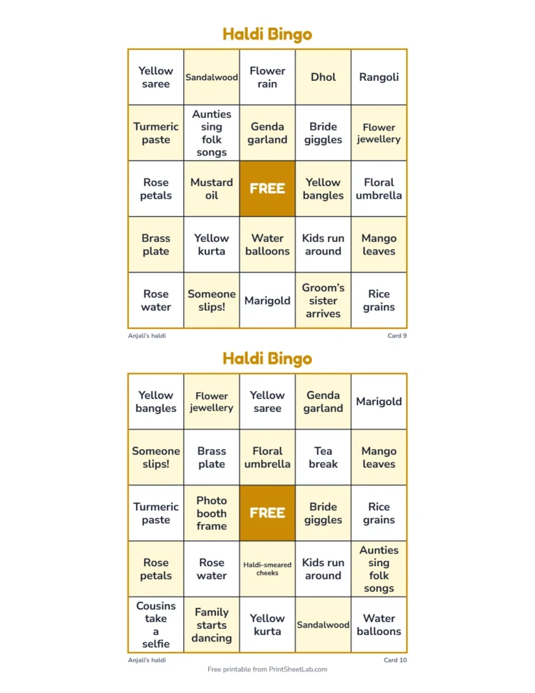 Haldi ceremony games caller list with 30 items and moments to tick off
