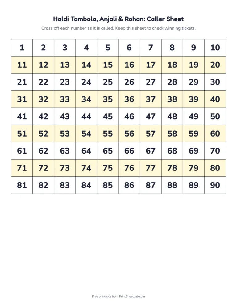 Haldi tambola caller sheet: a 1 to 90 number grid to cross off as you call