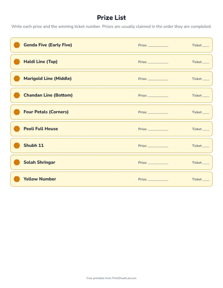 Haldi tambola prize list with themed prize names and space for winners