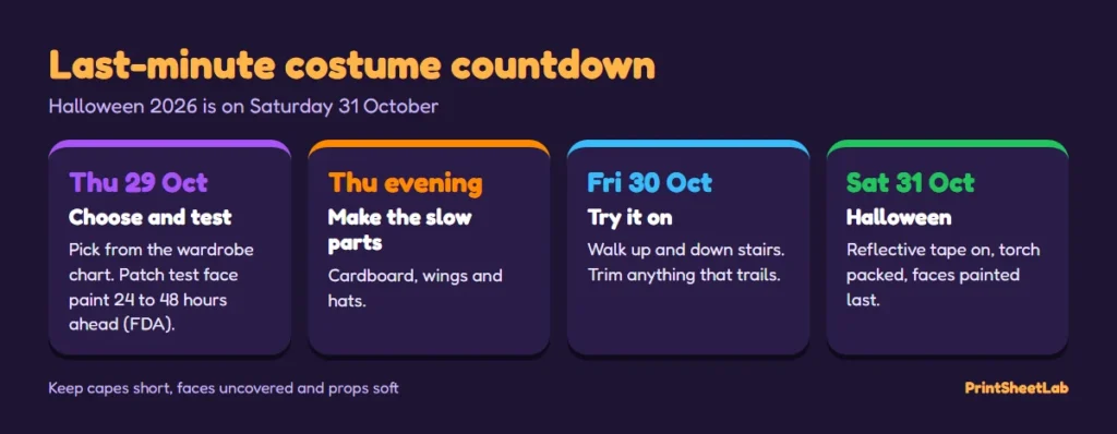 Last minute halloween costumes countdown for Halloween 2026: patch test on Thursday 29 October, make on Thursday, try on Friday, paint faces Saturday