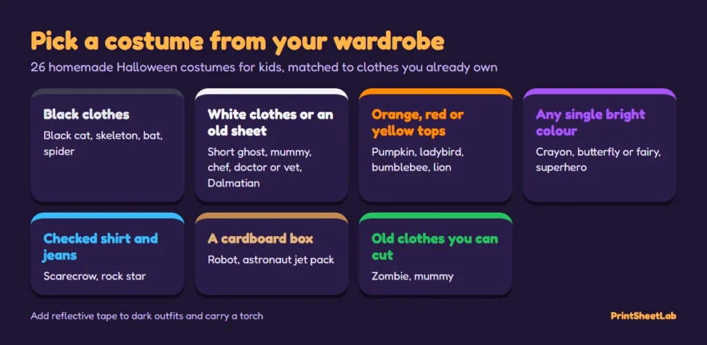 Chart matching halloween costume ideas for kids to clothes you already own: black, white, orange, bright colours, checks and a cardboard box