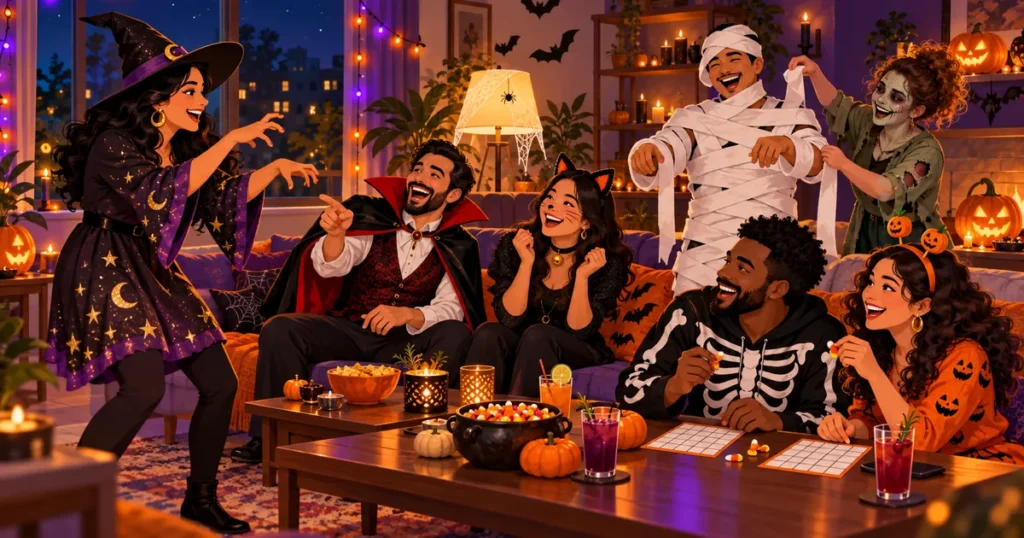 Adults in simple costumes play charades, a mummy wrap race and bingo at an indoor Halloween party
