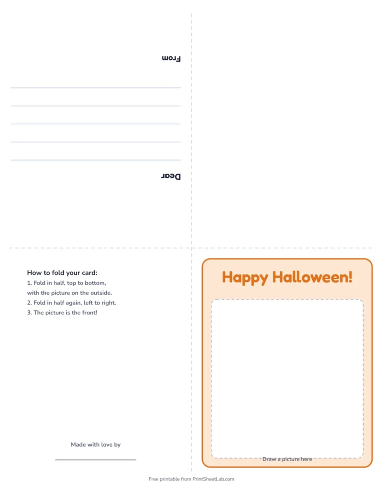 Halloween card printable: a fold-up greeting card that says Happy Halloween!