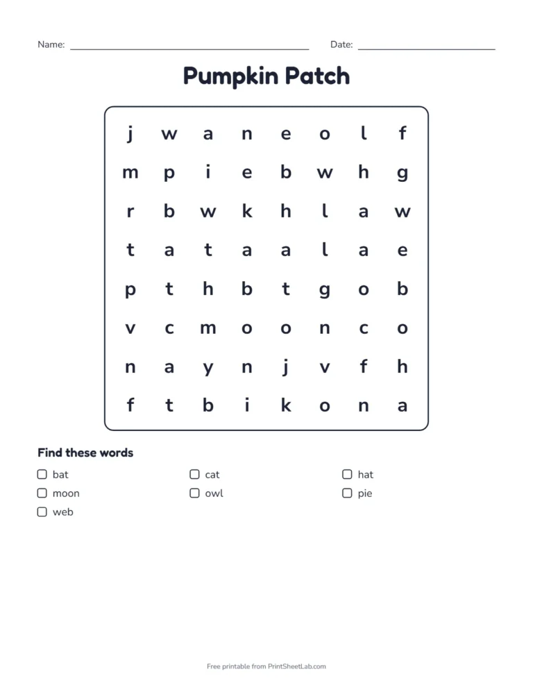 Halloween puzzle pack, puzzle 1 Pumpkin Patch: an easy 8 by 8 lowercase word search