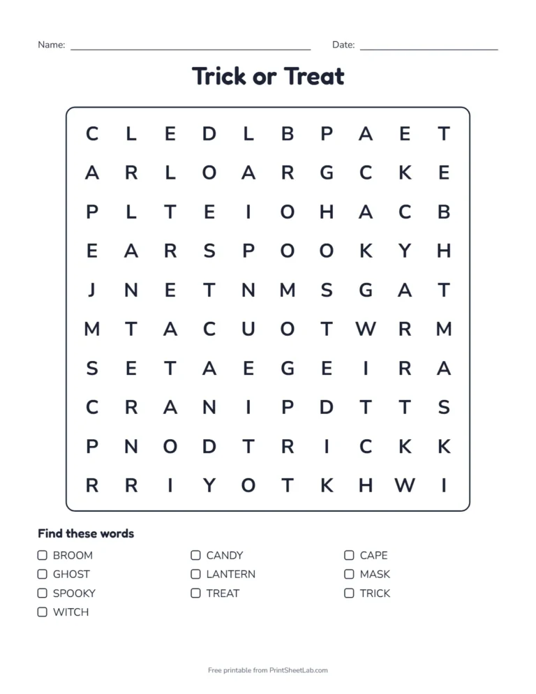 Halloween puzzle pack, puzzle 2 Trick or Treat: a 10 by 10 word search