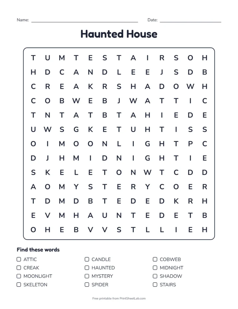 Halloween word search pack, puzzle 3 Haunted House: 13 by 13 with diagonal words
