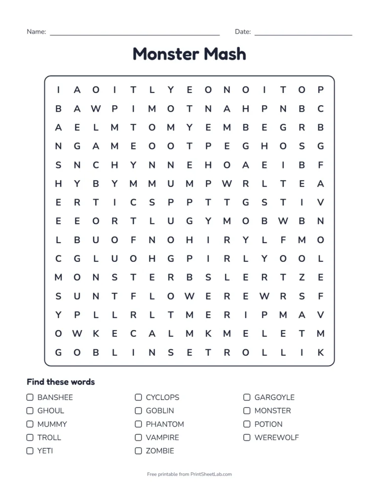 Halloween activity pack printable, puzzle 4 Monster Mash: 15 by 15 with backwards words