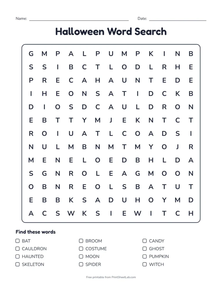 Halloween word search printable with 12 words hidden in a 13 by 13 grid and a word list