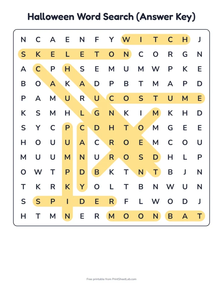 Halloween word search with answer key showing all 12 words highlighted in the grid