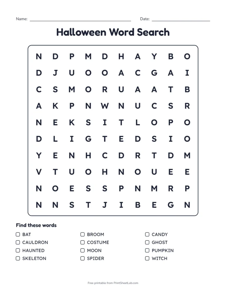 Halloween word search for kids in large print with a 10 by 10 grid