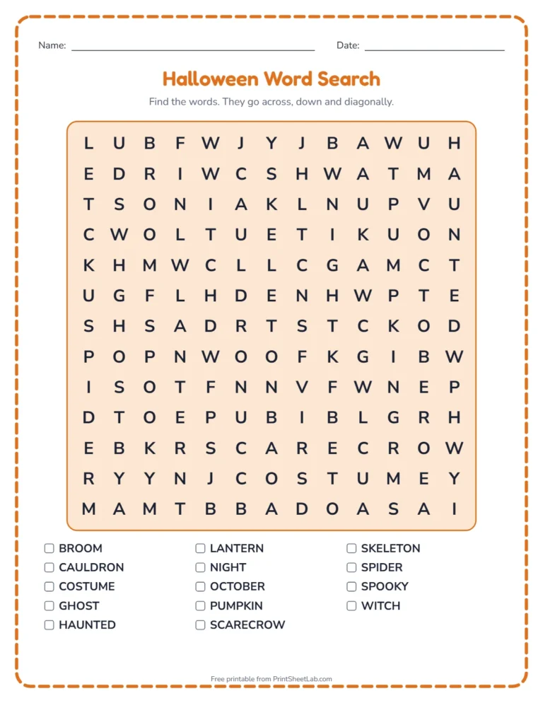 Halloween worksheets: word search printable with Halloween words and a word list
