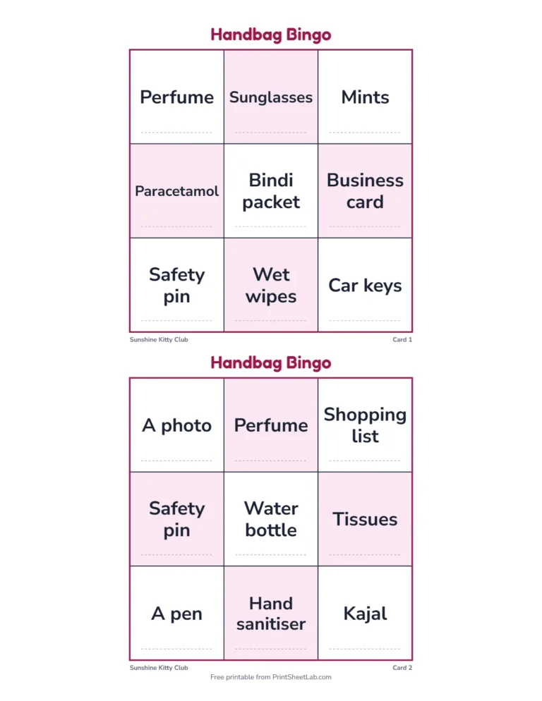 What’s in your purse bingo: small 3 by 3 cards for a short round