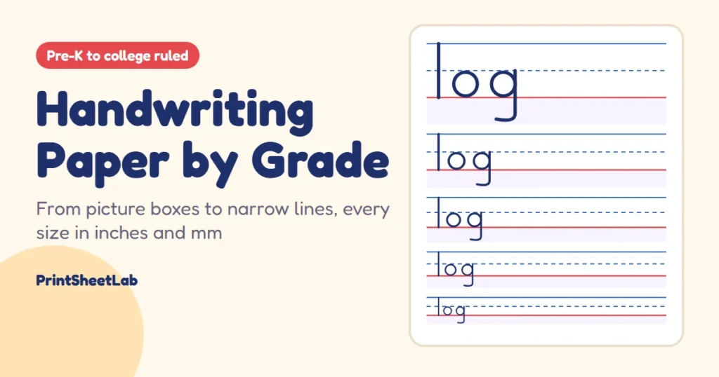 Handwriting paper by grade cover showing rows that shrink from big picture-box paper to narrow lines