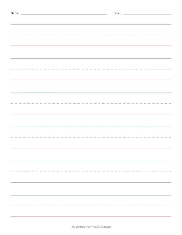 Handwriting paper for kindergarten with 1 inch rows, dashed midlines and red baselines