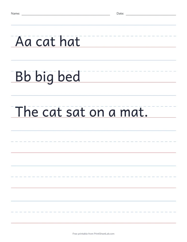 Handwriting paper for kindergarten example with the first words cat, hat, big and bed written on the lines