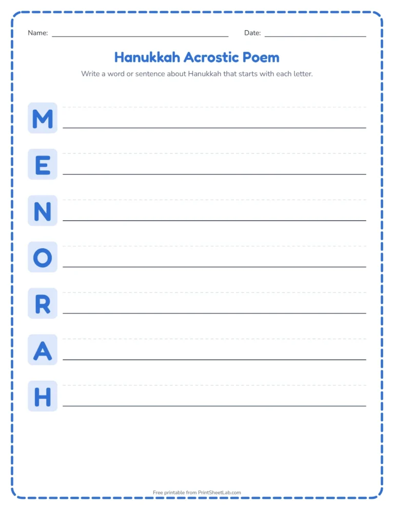Hanukkah acrostic poem worksheet: write a word for each letter of MENORAH
