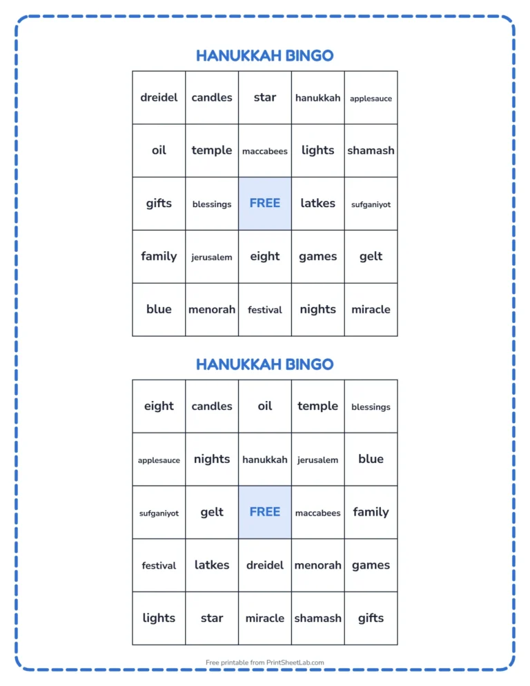 Hanukkah bingo printable: two different bingo cards with Hanukkah words