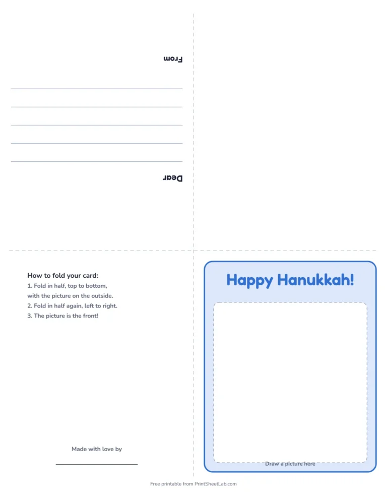 Hanukkah card printable: a fold-up greeting card that says Happy Hanukkah!