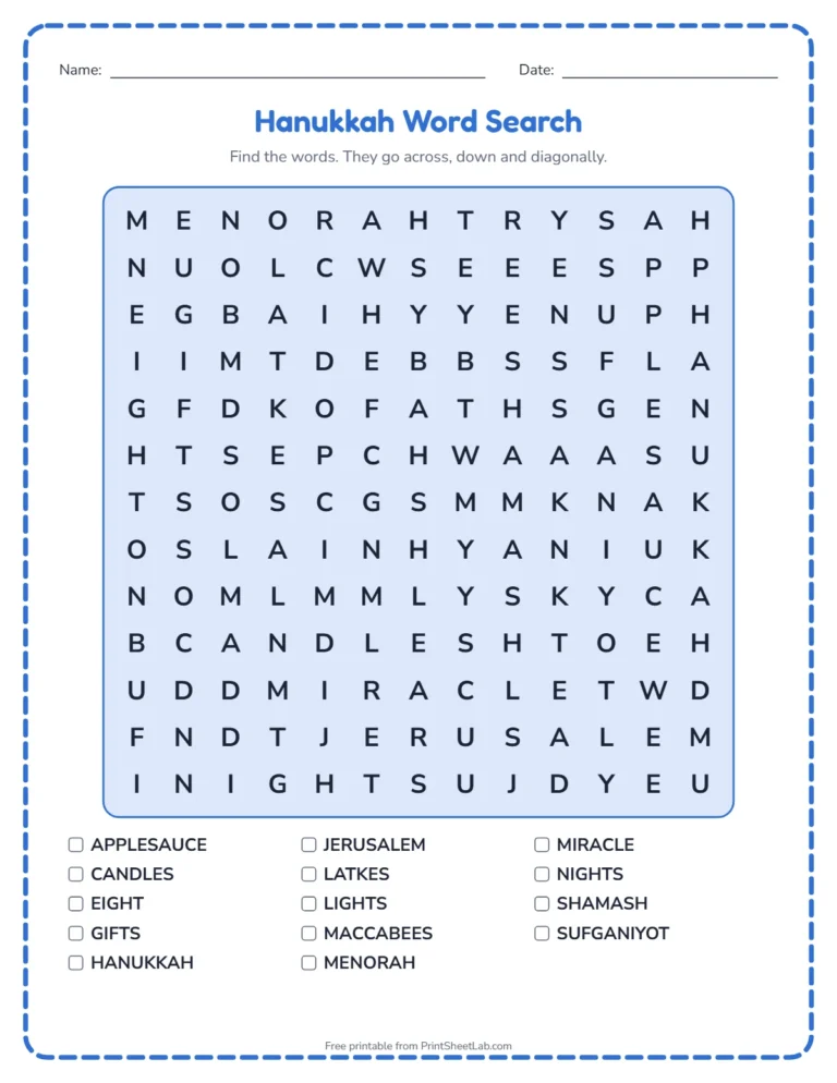 Hanukkah worksheets: word search printable with Hanukkah words and a word list
