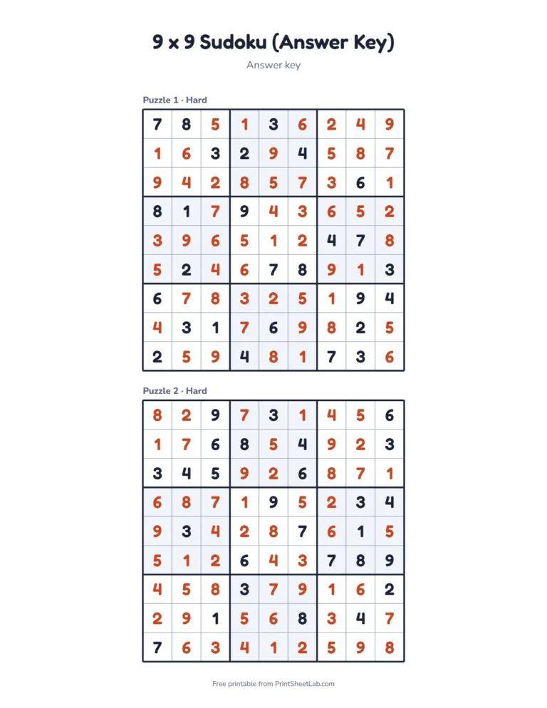 Hard sudoku answer key page with the solutions to two free sudoku puzzles