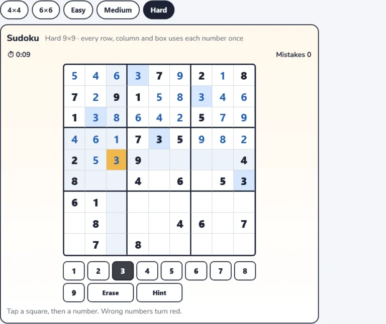 Free sudoku puzzles online: a hard 9x9 sudoku about half solved with the timer running