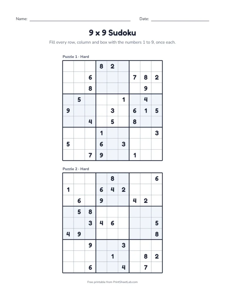 Hard sudoku printable page with two hard 9x9 sudoku puzzles